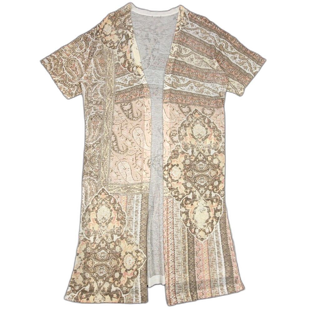 CHICOS Ramie Blocked Motif Leilani Long Cardigan Boho Short Sleeve Duster Kimono